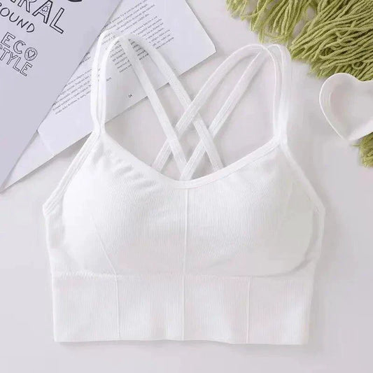 Mandotos women's back cross strap tank top and sports bra, soft breathable fabric, solid color, perfect for yoga and fitness workouts.