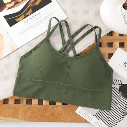 Mandotos women's back cross strap tank top with push-up sports bra, breathable soft fabric, solid color yoga and fitness bra.