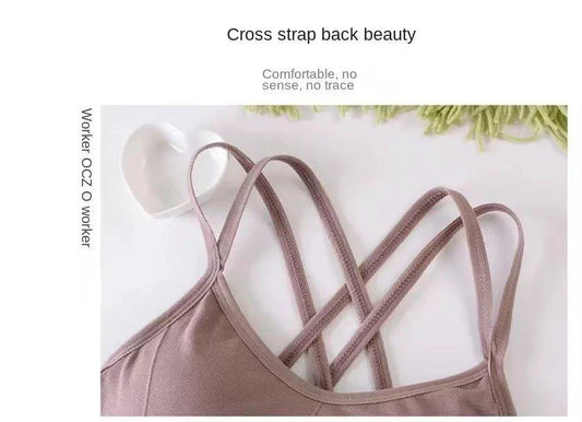 Mandotos women's back cross strap tank top and sports bra, breathable, soft fitness yoga bra in solid color with push-up support.