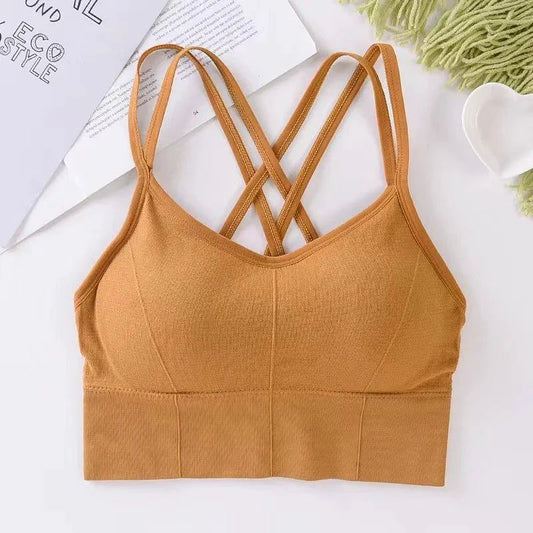 Mandotos women's breathable solid color back cross strap tank top and push-up sports bra for yoga and fitness activities.