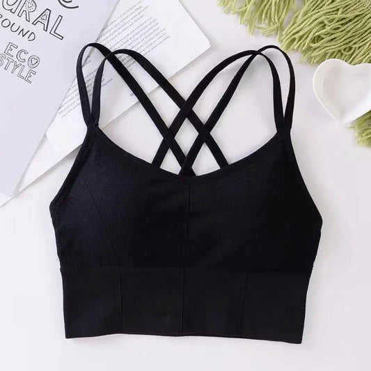 Mandotos women’s back cross strap tank top sports bra, breathable, soft fitness yoga bra with push-up and solid color design.