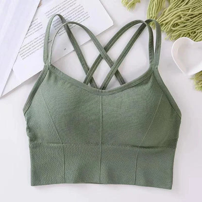 Mandotos women's back cross strap tank top and yoga sports bra, breathable soft fabric, solid color, ideal for fitness and running.