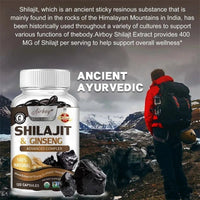 Mandotos Shilajit natural energizer supplement showing a jar of pure Shilajit resin and a wooden spoon with Shilajit.