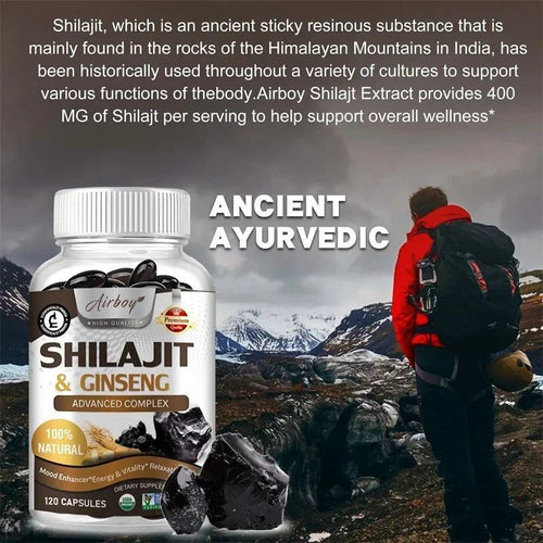 Mandotos Shilajit natural energizer supplement showing a jar of pure Shilajit resin and a wooden spoon with Shilajit.