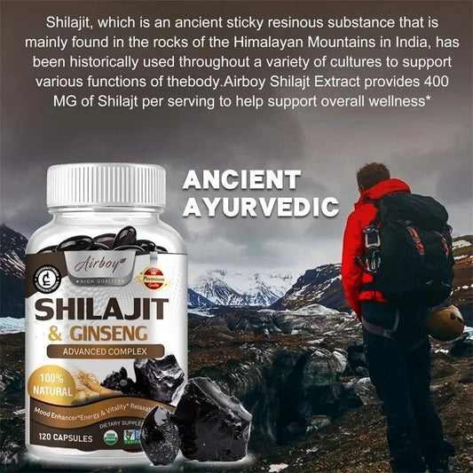 Mandotos Shilajit natural energizer supplement showing a jar of pure Shilajit resin and a wooden spoon with Shilajit.