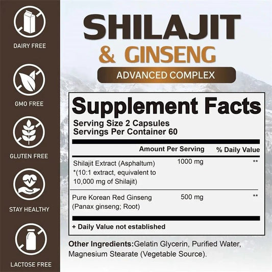 Mandotos Shilajit natural energizer supplement with resin and powder form, promoting energy, mental clarity, and immune support.