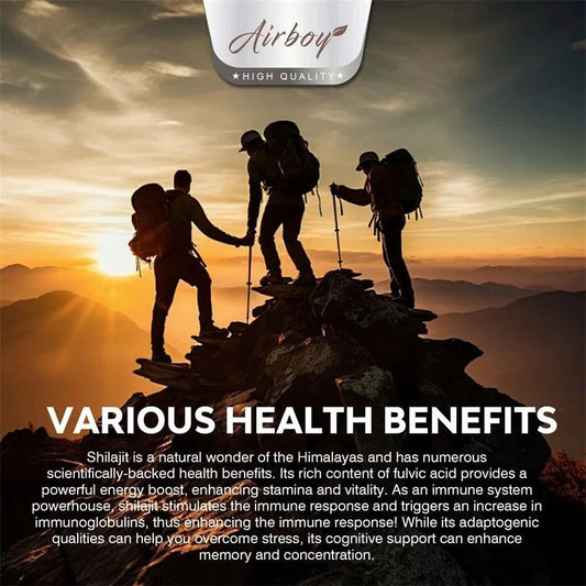 Mandotos Shilajit natural energizer supplement, showing a jar of pure black resin for rejuvenation, mental clarity, and immune boost.