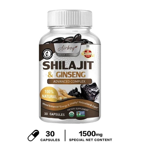 Mandotos Shilajit natural energizer supplement showing a jar of Shilajit resin for body rejuvenation and mental clarity.