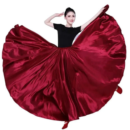 Mandotos shining satin long Spanish skirt with swing dance style, available in 14 colors, perfect for belly dance and sun dance.