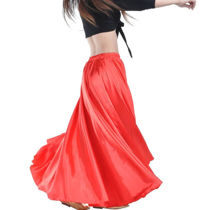 Mandotos shining satin long Spanish skirt for swing and belly dance, available in 14 vibrant colors, featuring a flowing sun skirt style.