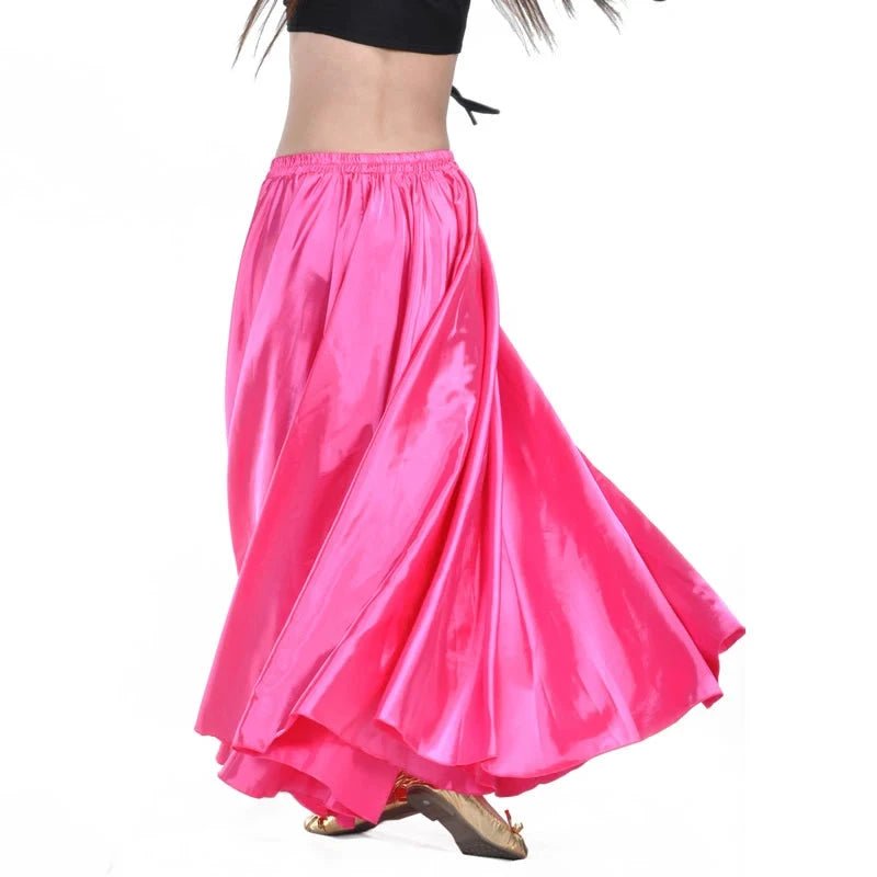 Mandotos shining satin long Spanish skirt for swing dancing and belly dance, available in 14 vibrant colors.