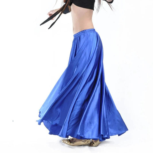 Mandotos shining satin long Spanish skirt for swing and belly dance, available in 14 vibrant sun skirt colors, shown in black.
