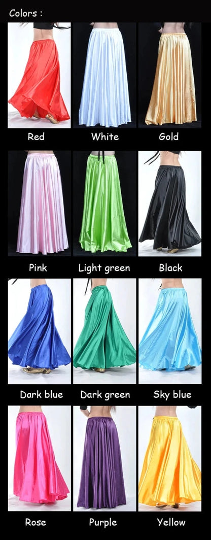 Mandotos shiny satin long Spanish dance skirt in vibrant sun colors, perfect for swing and belly dance performances.
