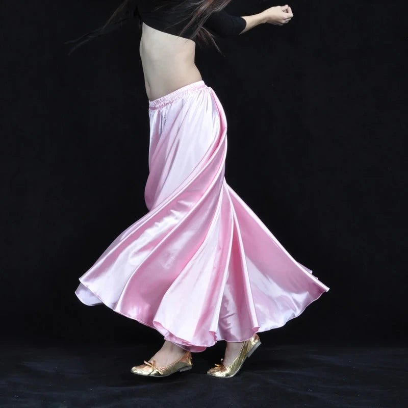Mandotos shining satin long Spanish skirt for swing and belly dance, available in 14 colors, featuring flowing sun skirt design.