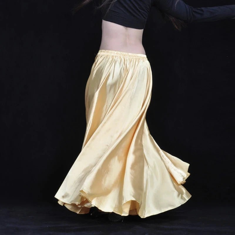 Mandotos shining satin long Spanish dance skirt in vibrant colors, perfect for swing, belly dance, and sun dance performances.