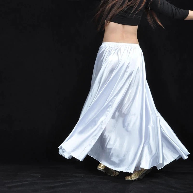 Shining satin long Spanish skirt for swing and belly dancing, available in 14 colors, featuring flowing sun-style design.