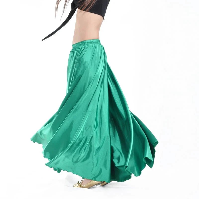 Mandotos shining satin long Spanish skirt for swing and belly dance, available in 14 colors, flowing sun skirt with elegant design.