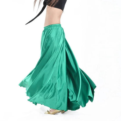 Mandotos shining satin long Spanish skirt for swing and belly dance, available in 14 colors, flowing sun skirt with elegant design.