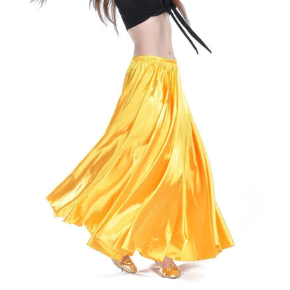 Mandotos shining satin long Spanish skirt for swing and belly dance, available in 14 colors, flowing sun skirt design.