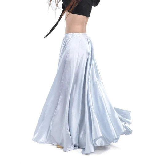 Shining satin long Spanish skirt by MANDOTOS, perfect for swing and belly dance, available in 14 vibrant colors.