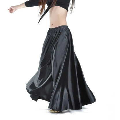Mandotos shining satin long Spanish dance skirt in vibrant colors, perfect for swing, belly dance, and sun-themed performances.