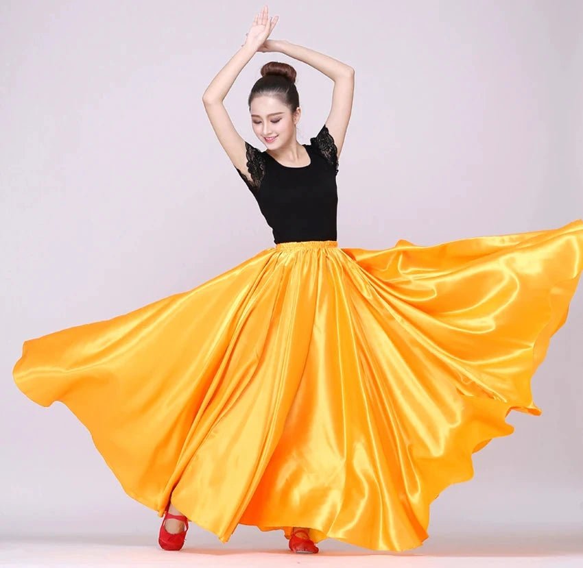 Mandotos shiny satin long Spanish skirt for swing dancing, belly dance, or sun wear, available in 14 vibrant colors.