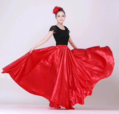 Mandotos shining satin long Spanish dance skirt with swing design, available in 14 colors for belly dance and sun dance performances.
