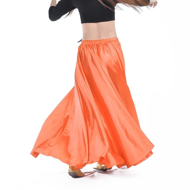 Mandotos shining satin long Spanish skirt with swing design, belly dance style, available in 14 colors, perfect for dance and sunwear.