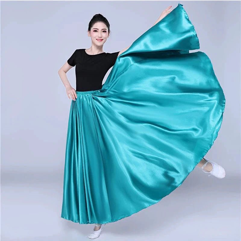 Mandotos shining satin long Spanish swing dance skirt in vibrant colors, ideal for belly dance and sun-inspired performances.