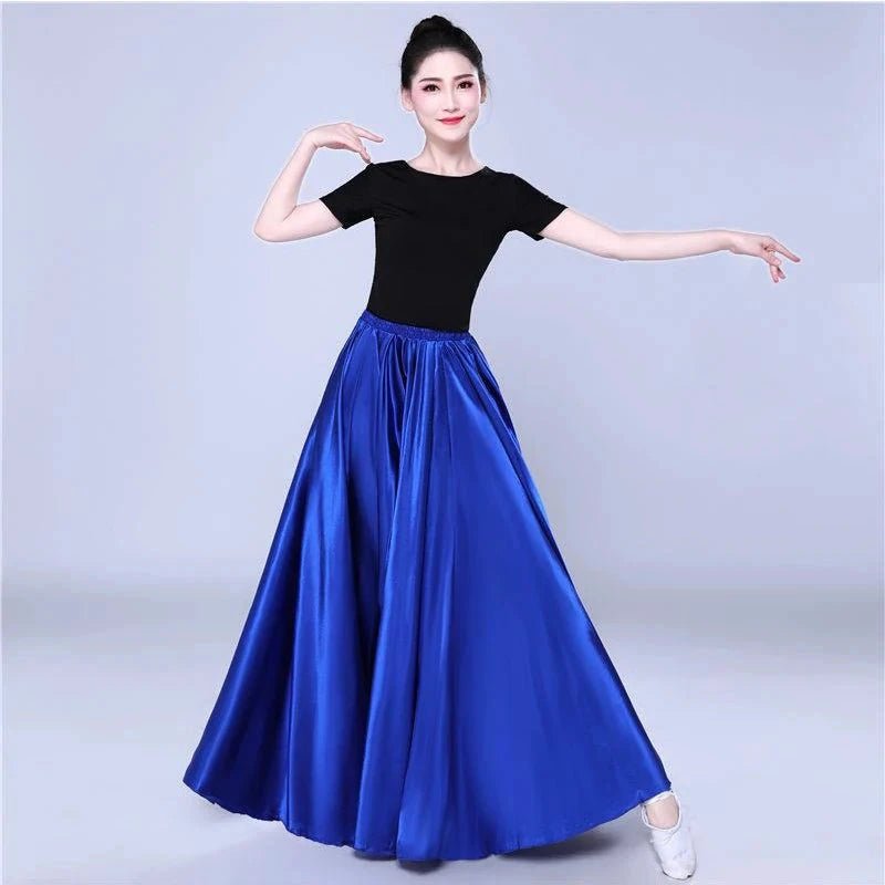 Mandotos shiny satin long Spanish swing skirt, perfect for belly dance and sun dance, available in 14 vibrant colors.