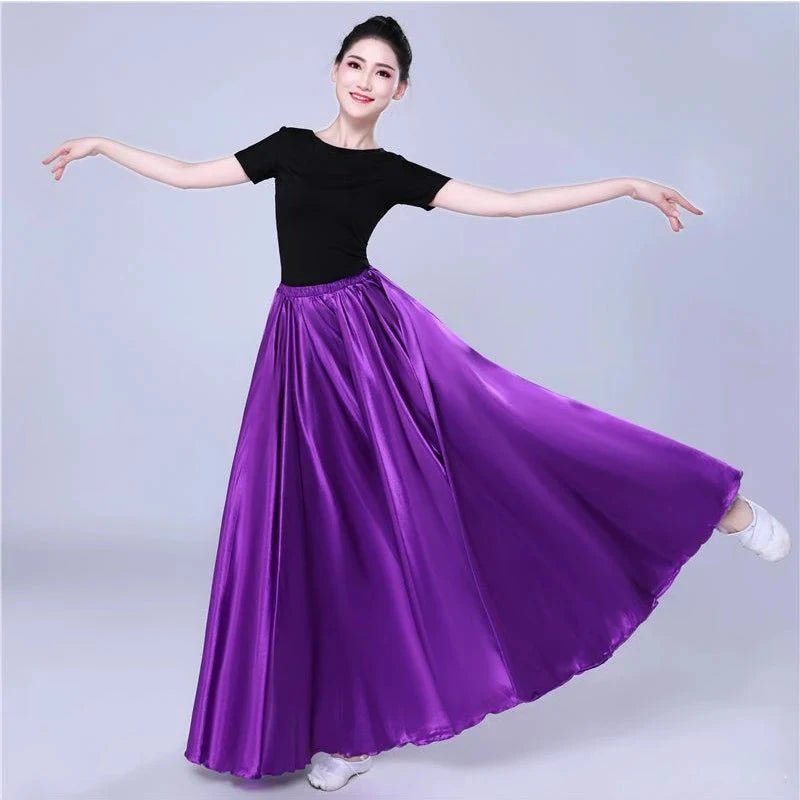 Mandotos shiny satin long Spanish dance skirt in vibrant colors, perfect for swing, belly dance, or sun-inspired styles.