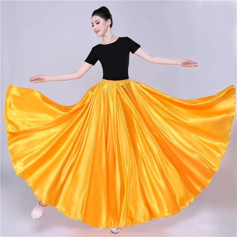 Mandotos shining satin long Spanish skirt with flowing design, perfect for swing, belly dance, or sunwear, in 14 vibrant colors.