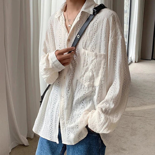 Mandotos men's apricot long-sleeved mesh shirt with a handsome lapel, hollow-out design, suitable for vacation or casual fashion.