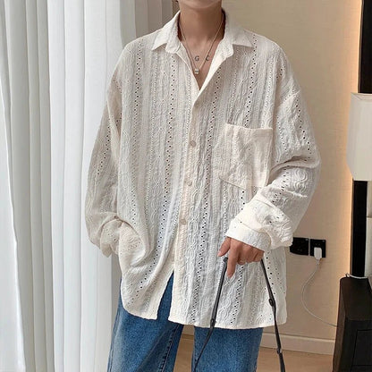 Mandotos men's apricot long-sleeved mesh shirt with a lapel, stylish hollow-out design, perfect for vacation and casual fashion.