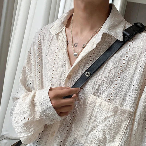 Mandotos men's apricot long-sleeved mesh shirt with lapel, hollow out design, stylish fashion for vacation or casual wear.