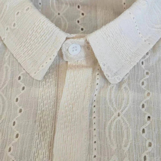 Mandotos apricot men's long-sleeved mesh shirt with lapel, hollow-out design, stylish vacation fashion blouse for men