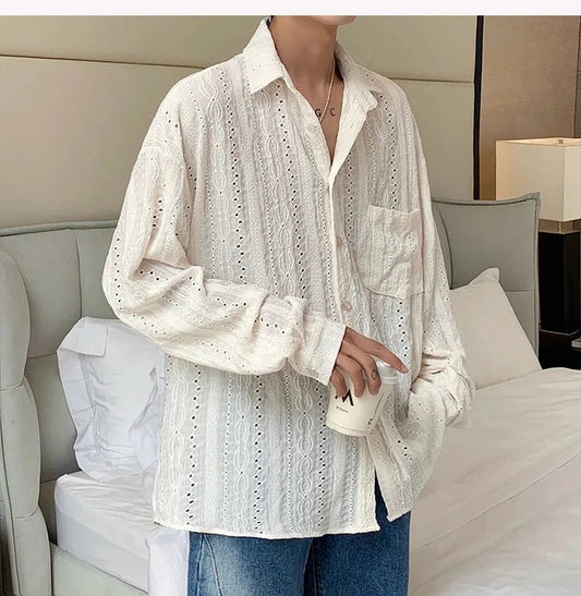 Mandotos apricot men's long-sleeved mesh shirt with lapel, hollow-out design, perfect for stylish vacation or casual wear.