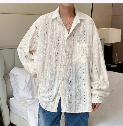 Mandotos men's apricot long-sleeved mesh shirt with lapel, hollow-out design, stylish vacation men's fashion blouse.