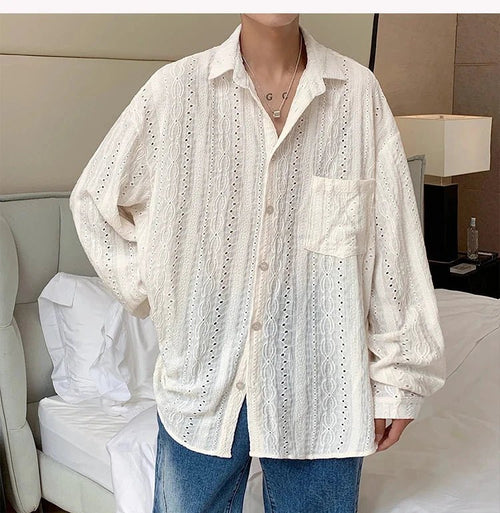 Mandotos men's apricot long-sleeved mesh shirt with lapel, hollow-out design, stylish vacation men's fashion blouse.