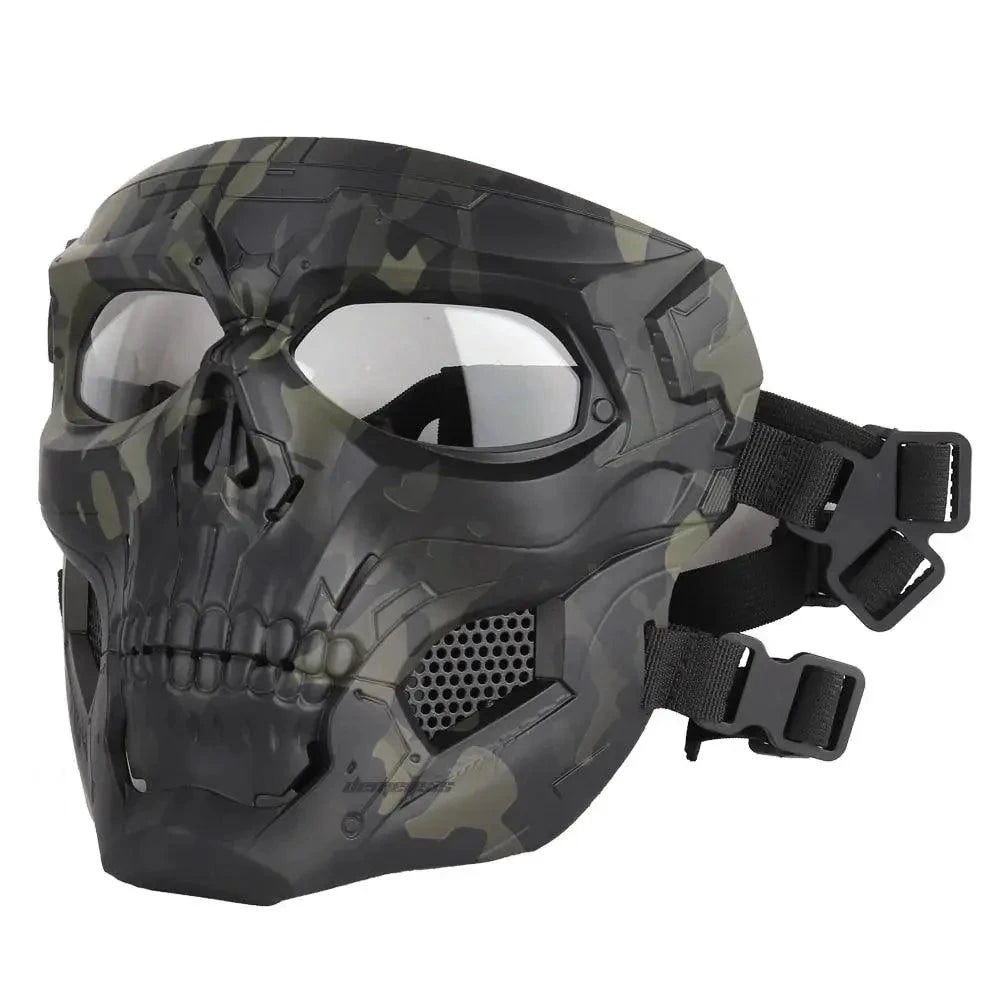 Mandotos Skull Tactical Sports Mask with breathable fabric and adjustable straps for outdoor activities and tactical use.