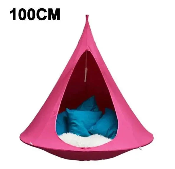 Mandotos SkyNest hanging hammock chair with woven fabric and sturdy suspension, perfect for relaxing indoors or outdoors.