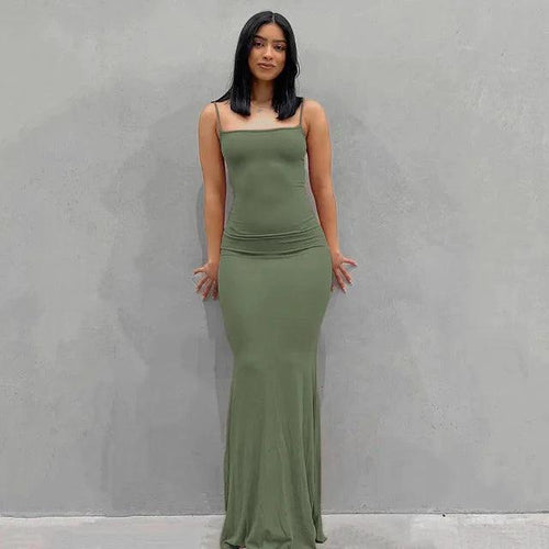 Elegant satin backless gown by MANDOTOS featuring a sleek design, perfect for formal occasions and evening wear.