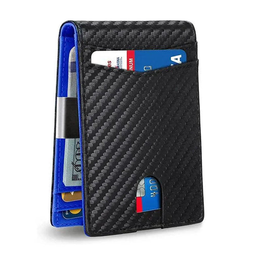 Mandotos slim RFID leather wallet with multiple card slots and sleek design, shown in black with smooth leather finish.