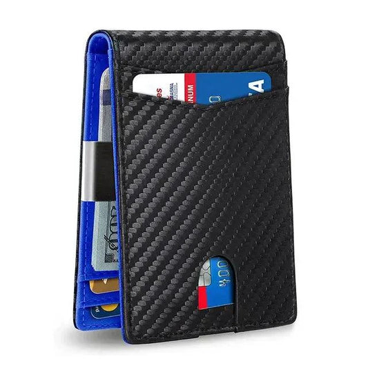 Mandotos slim RFID leather wallet showing multiple card slots and sleek design on smooth leather surface.
