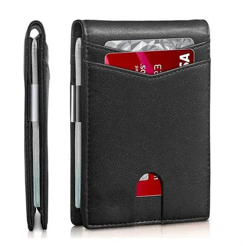Mandotos slim RFID leather wallet with multiple card slots and compact design, shown in black on white background.