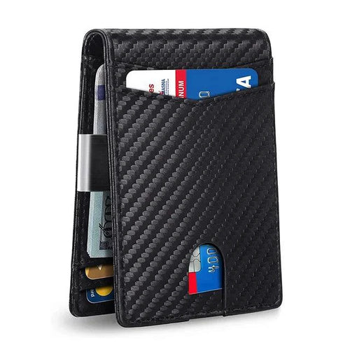 Mandotos Slim RFID Leather Wallet showing multiple card slots and sleek design in black leather.