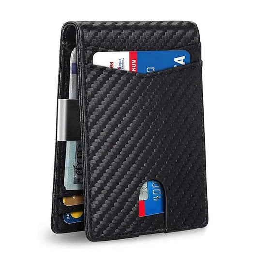 Mandotos Slim RFID Leather Wallet showing multiple card slots and sleek design in black leather.