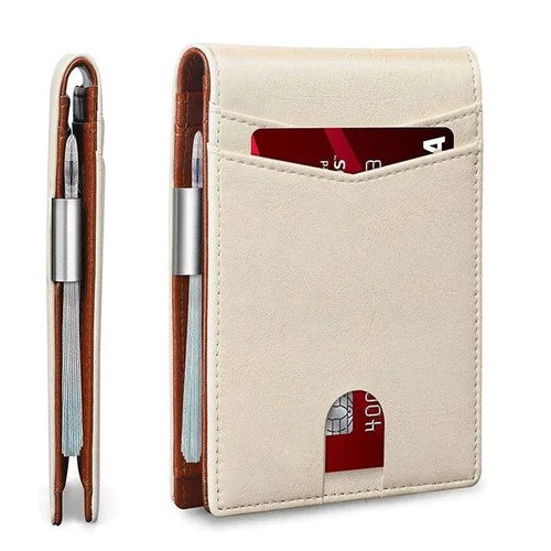 Mandotos Slim RFID Leather Wallet showing multiple card slots and sleek design in black leather.