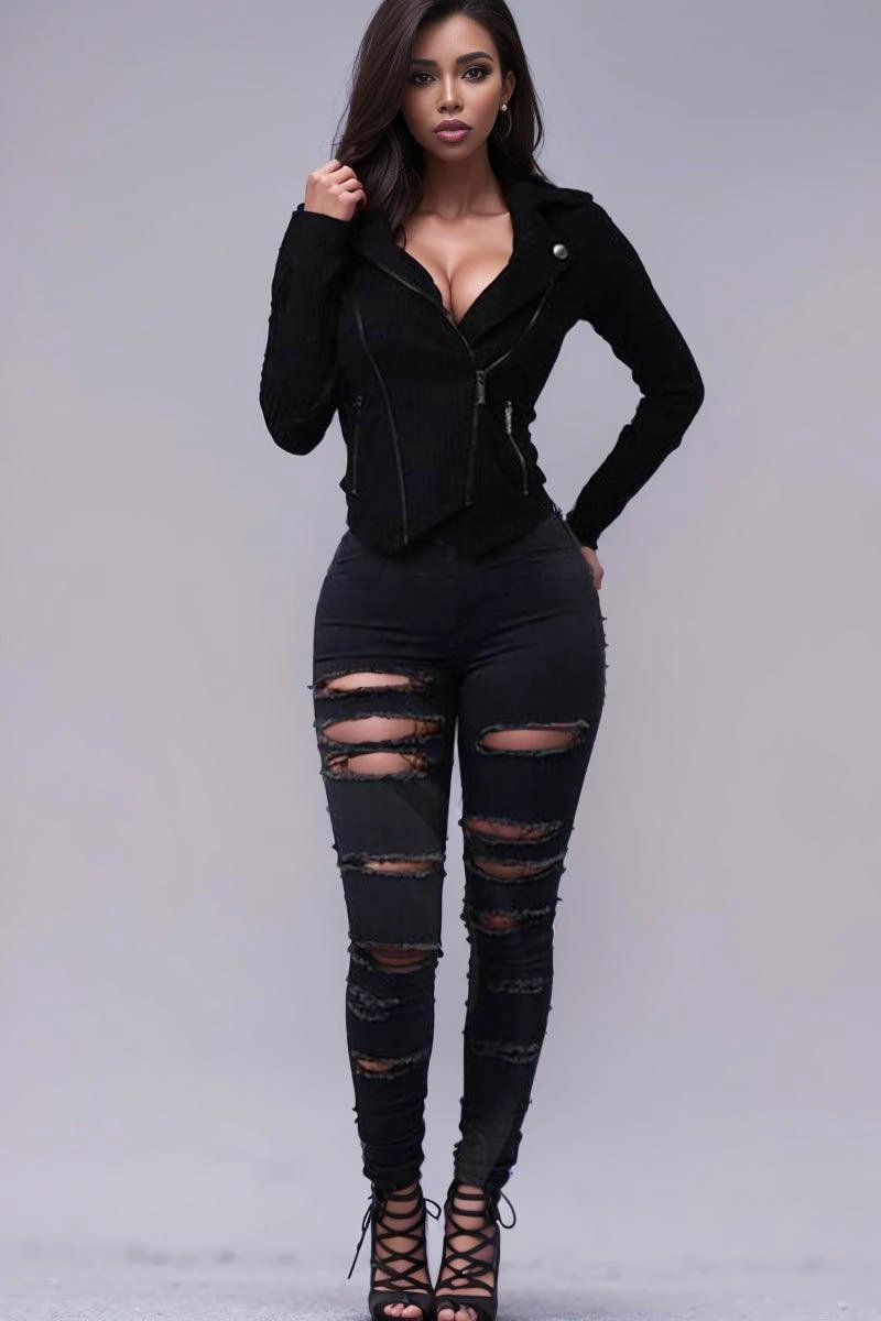 Mandotos SlimFit women's slimming stretch leggings with trendy rips, showcasing their fitted design and fashionable ripped details.