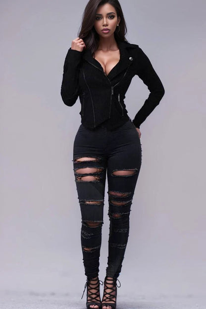 Mandotos SlimFit women's slimming stretch leggings with trendy rips, showcasing their fitted design and fashionable ripped details.